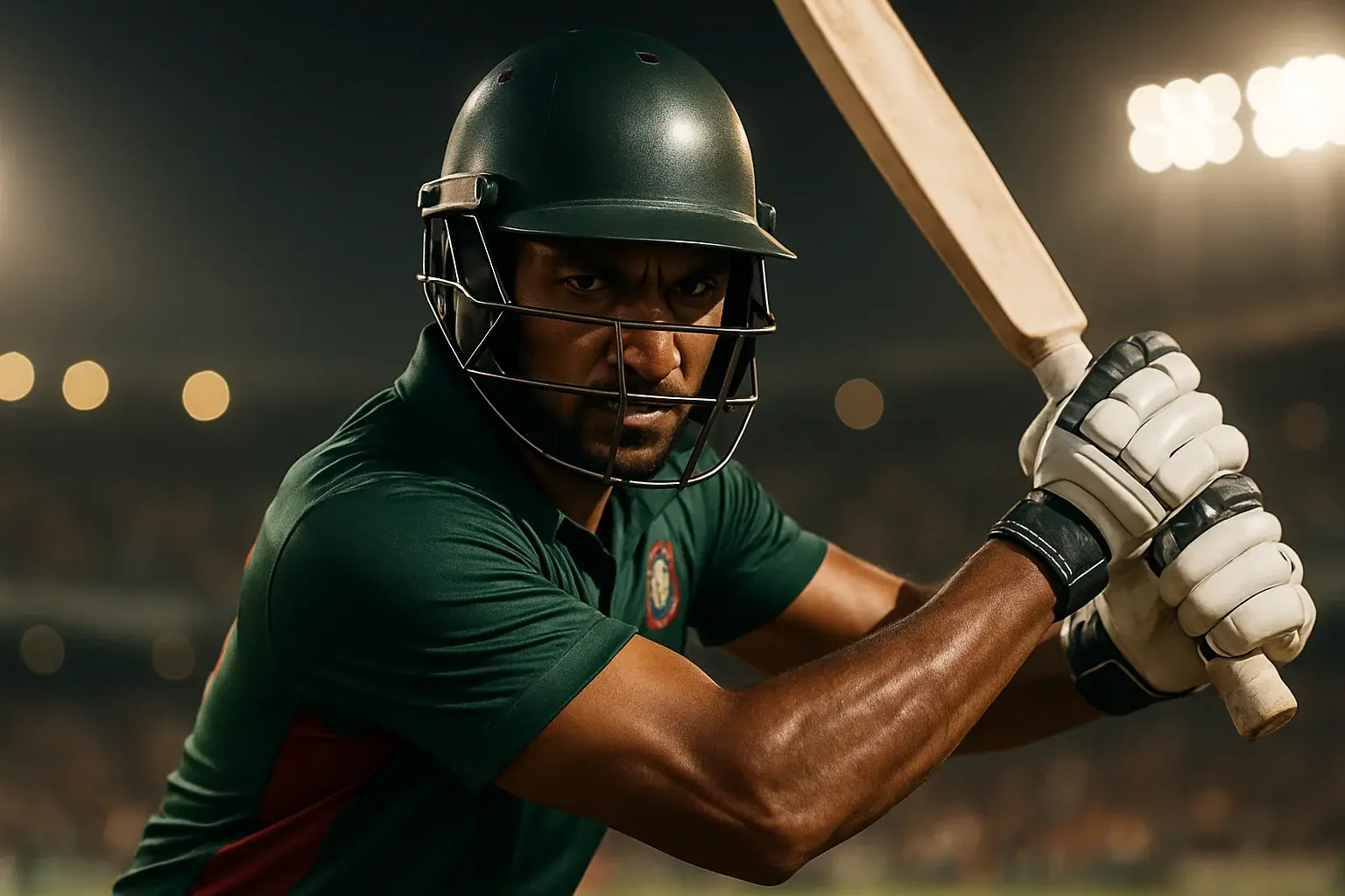 Bangladeshi male cricket batsman in aggressive stance under stadium lights