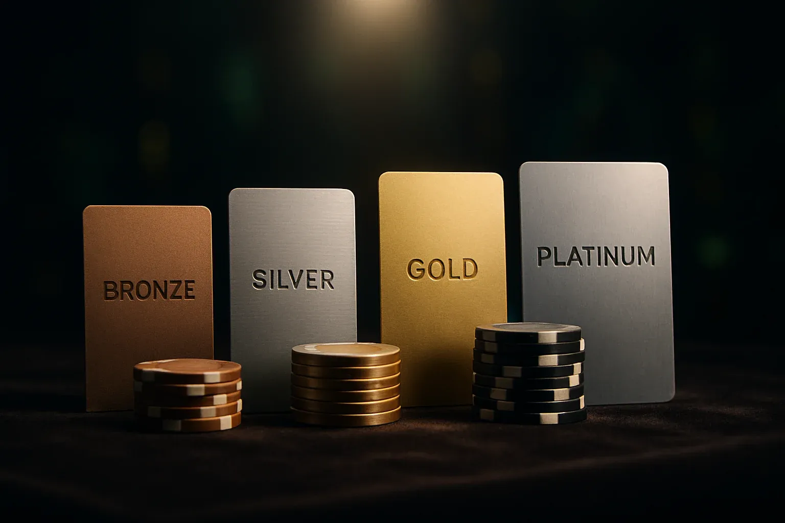 Elegant casino VIP loyalty cards with chips on dark velvet