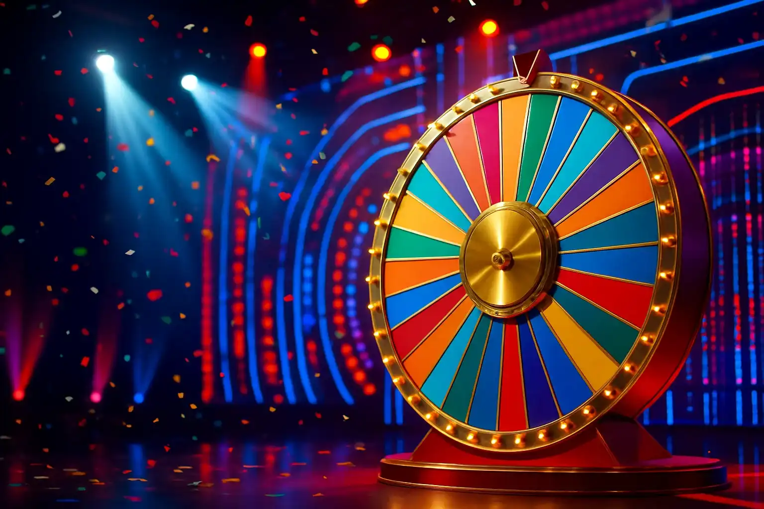 Ultra-realistic live game show studio with colorful spinning money wheel
