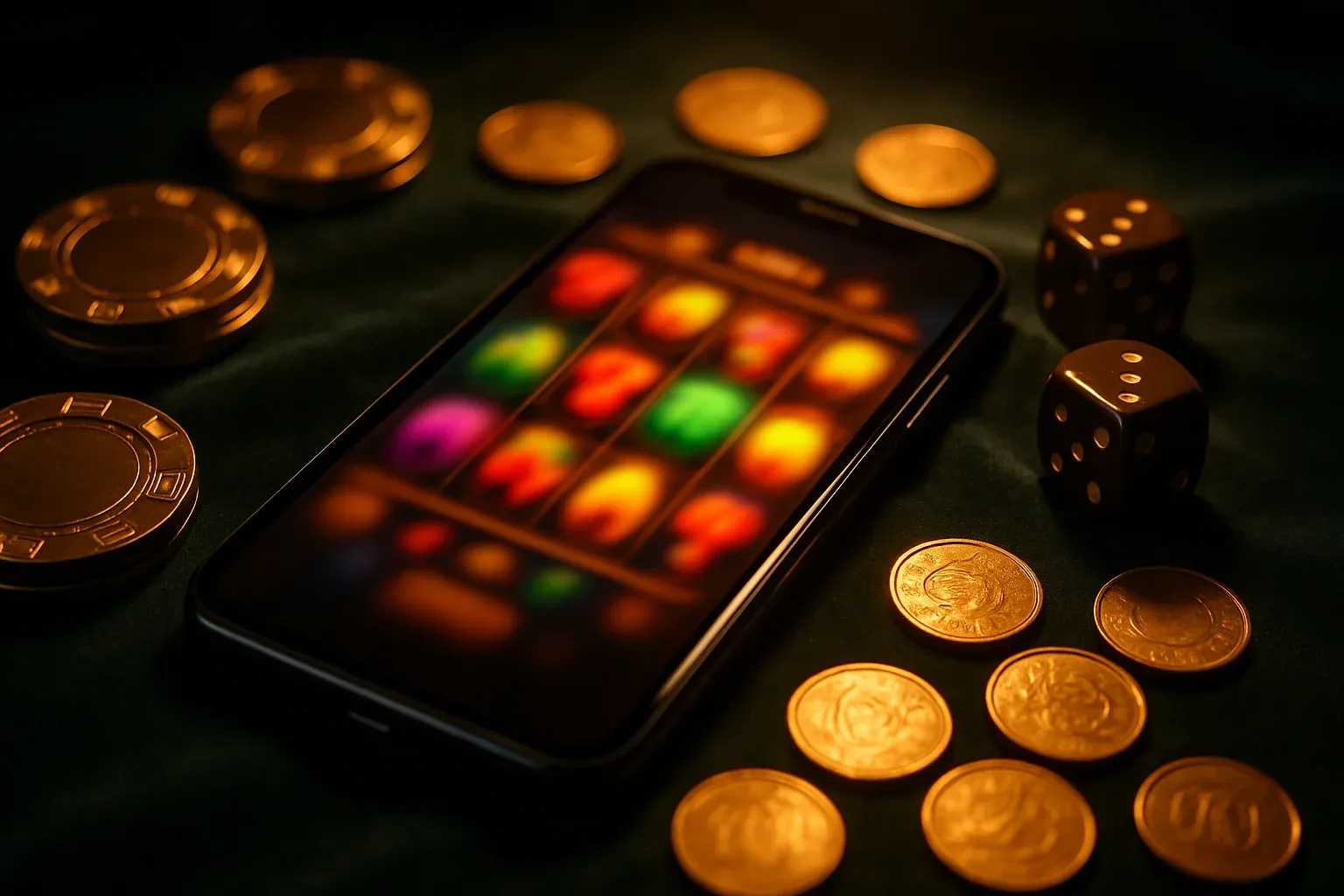 Smartphone with blurred slot game, gold coins, chips, and dice